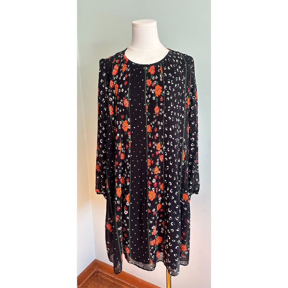 Ann Taylor Fall Halloween Floral Pleated Chiffon Shift Dress Size Large